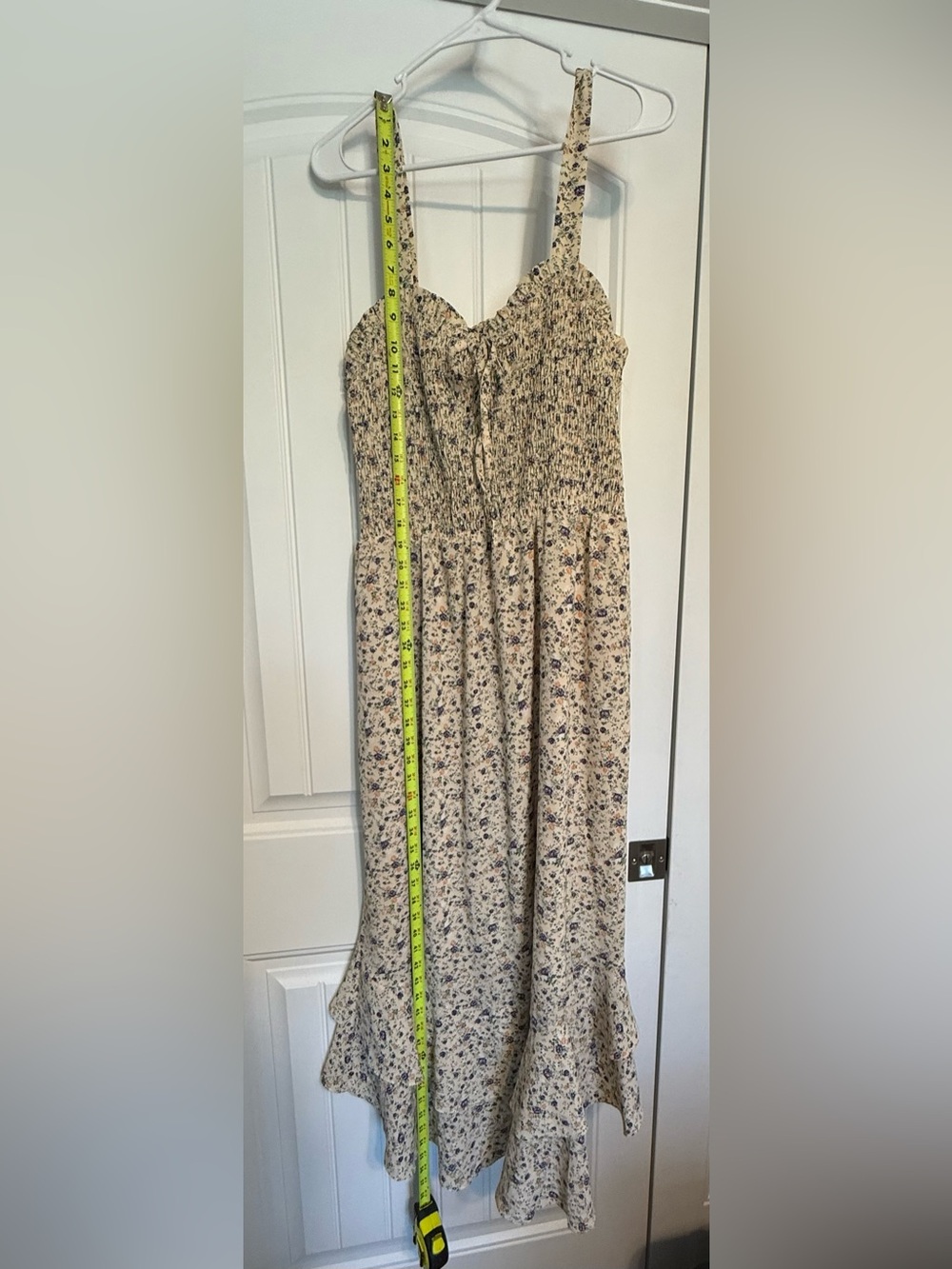 Beige Floral Smocked Midi Dress - Picture 8 of 9
